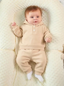 SHEIN Newborn Baby 3pcs Set: Hooded Long Sleeve Pullover Sweatshirt, Winter Pants, Sleeveless Vest - Apricot - View 5