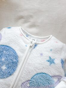 SHEIN Vintaside Kids 2件組新生兒男嬰女嬰連身衣褲套裝，可愛甜美白色藍色星星抓絨拉鍊長袖圓領加厚連腳款，附帽子，適合冬季聖誕節與秋季假期 - 藍白色 - 查看 5