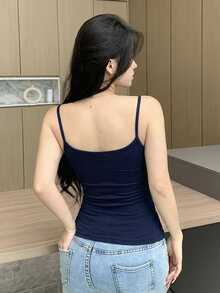 DAZY 女款修身純色內建胸墊背心，四季通用底層內搭 - 藏蓝色 - 查看 2