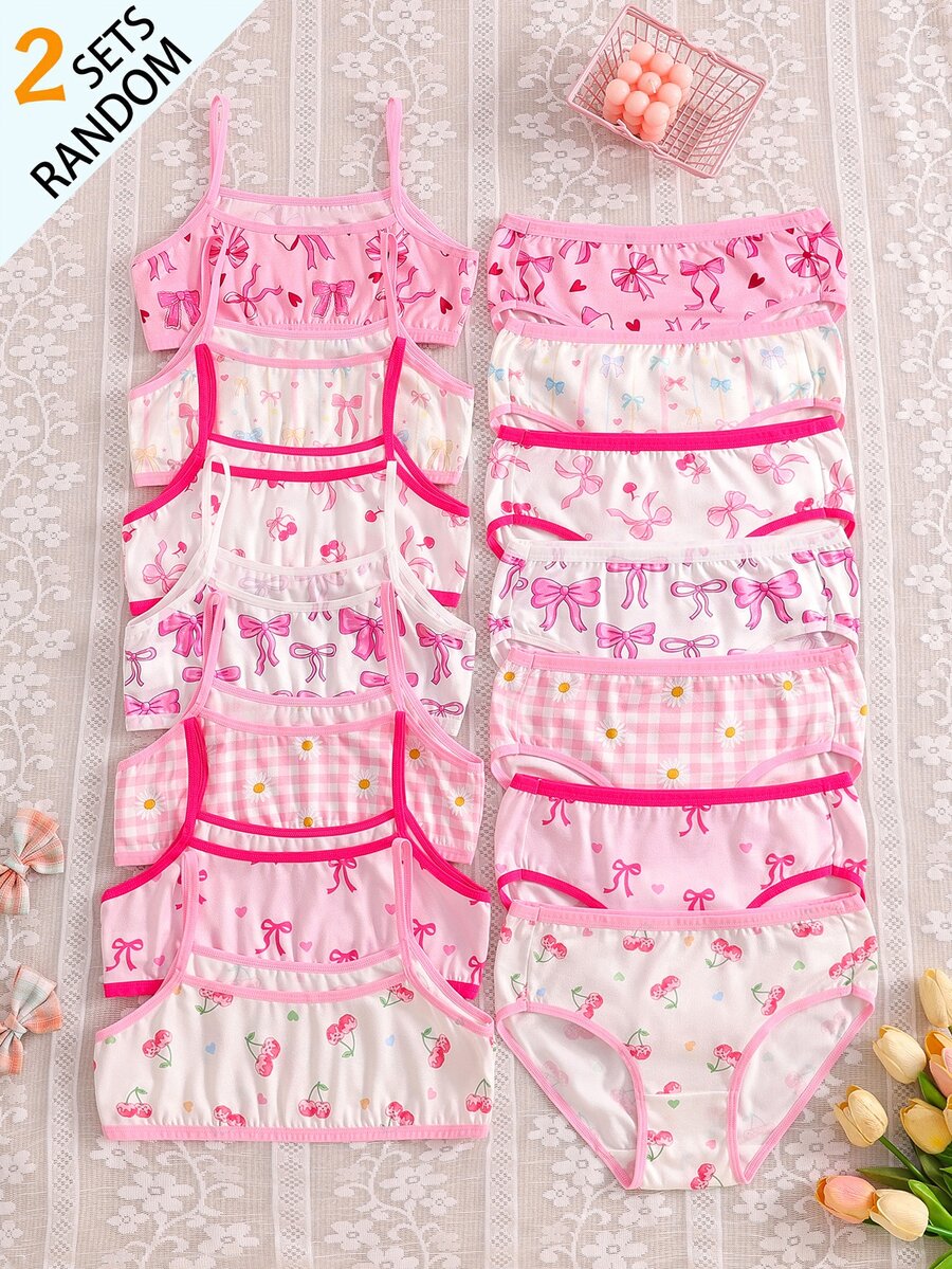 3 conjuntos aleatorios de camisola básica con estampado de lazo, cereza y margarita rosa dulce para niña preadolescente, conjunto de triángulo - Multicolor - Ver 1