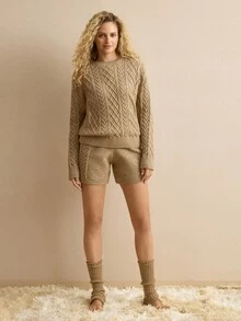 MOTF PREMIUM WOMEN'S 2-PIECES SET AUTUMN/WINTER SOLID COLOR DROP SHOULDER LOOSE CABLE KNIT SWEATER AND KNIT SHORTS - Khaki - View 6