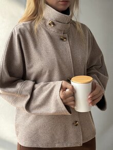 DAZY Áo khoác dáng ngắn nữ phong cách vintage thanh lịch, cổ đứng, form rộng, chất tweed, đa năng cho đi làm văn phòng, hẹn hò, mùa Thu/Đông - Màu Khaki - Xem 6
