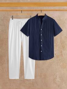 HIMLAND 2pcs/Set Men's Casual Woven Stand Collar Small V-Neck Short Sleeve Shirt Set - Multicolor - View 10