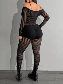 Whyspr Plus Size Women Solid Color Hollow Out Sexy Goth Casual Jumpsuit Halloween Rave Night Black Autumn Fall - Black - View 6