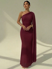 Aloruh One Shoulder Ruched Bust And Waist Romantic Elegant Drape Neck Fitted Mermaid Long Dress - Burgundy - View 5