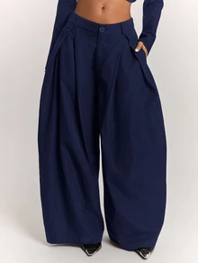 SHEIN BAE Women's Solid Color Casual Daily Wear Suit Pants - Navy Blue - View 4