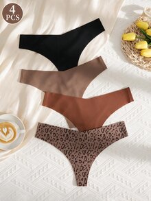 SHEIN 4pcs Women's Seamless Solid Color Mid-Waist Thongs - Multicolor - View 3