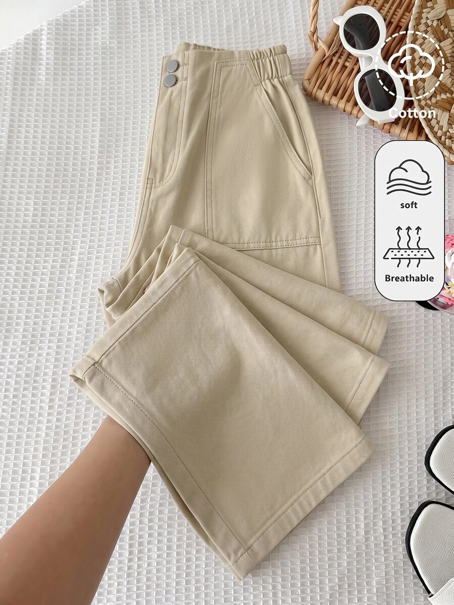 SHEIN بنطلون جينز واسع الساق فضفاض باللون الكاكي للفتيات المراهقات - كاكي - مشاهدة 1