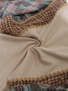 SHEIN Sweatshirt Patchwork Kotak-kotak Bergelombang Warna Aprikot | Kain Katun Nyaman | Model Longgar Vintage | Pakaian untuk Perjalanan Sehari-hari - Coklat - View 8