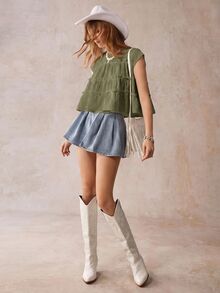 Wildy Gaya BOHO Cottagecore Kasual Gaya Pedesaan Amerika Longgar Hijau Sage Lengan Pendek Musim Panas Piknik Brunch - Hijau Tentara - View 5