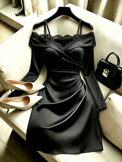 SHEIN Franclia Vestido sexy asimétrico para mujer de satén con hombros descubiertos, encaje en contraste, manga larga, fruncido y cintura ceñida, elegante, versátil, negro, para fiesta, primavera, verano, vacaciones, salidas, Y2K, vuelta al cole, casual, playa, negocios, otoño/invierno