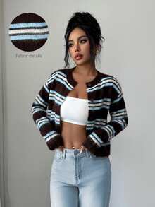 Elenzga Autumn/Winter Korean Vintage Versatile Round Neck Contrast Color Striped Single-Breasted Knit Cardigan Sweater For Women - Coffee Brown - View 1