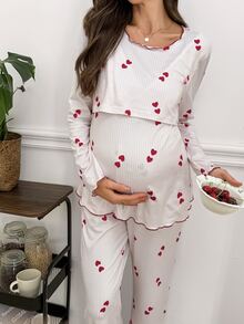 Moonlight&Mama Striped Heart Print Contrast Color Ruffle Trim Pullover Nursing Long Sleeve Top And Pants Maternity Pajama Set, Casual Home Wear - Multicolor - View 3