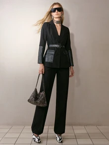 MOTF PREMIUM WOMEN'S CASUAL COMMUTE PATCHWORK PU LEATHER FLAP POCKET BLAZER WITH BELT - Black - View 7