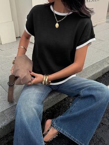 Siren Gaze 女款拼色圓領短袖休閒學院風極簡針織上衣 辦公室黑白配色 - 黑與白 - 查看 3