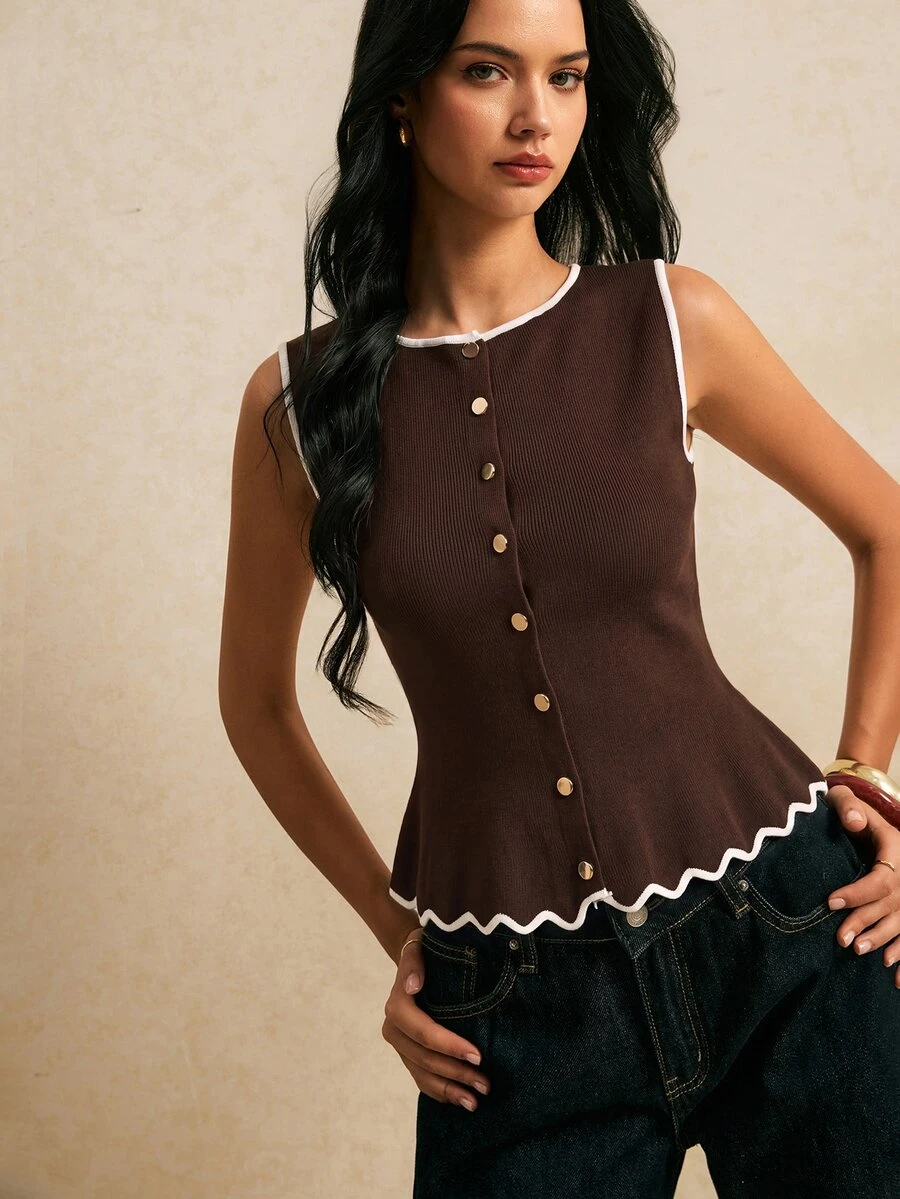 Poéselle Women's Colorblock Trim Knit Vest - Coffee Brown - View 1