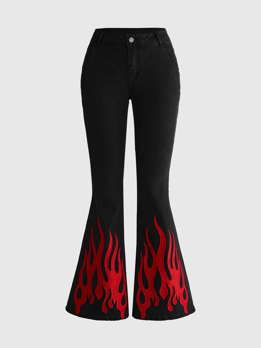 ROMWE Grunge Punk Flame Embroidered Contrast Color High Elasticity Skinny Flare Jeans - Black - View 1