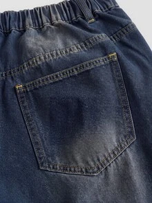 SHEIN Tall CURVE 女款大尺碼休閒基礎款藍色牛仔寬鬆長褲 - 深色水洗藍 - 查看 3