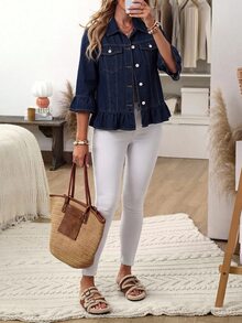EMERY ROSE Áo khoác denim thời trang đường phố size lớn, cài cúc, gấu bèo nhún - Màu xanh lam - Xem 8