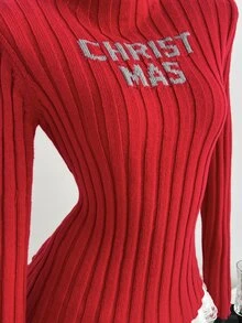 Elamini Sweater Wanita Lengan Panjang Kerah Tegak dengan Motif Huruf dan Potongan Slim Fit - Merah - View 6