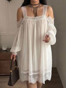 Dazy Plus Lace Patchwork Spaghetti Strap Cold Shoulder Short Dress Sexy Elegant Outfit Nightgown - White - View 5