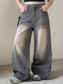 Dazy Plus Korean Vintage Washed Distressed Loose Wide Leg Long Pants Casual Spring Autumn New Style Denim Jeans For Girls - Grey - View 6