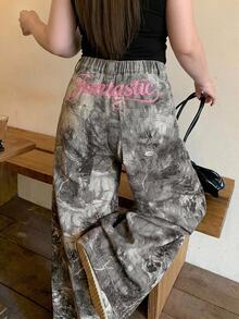 Dazy Plus Letter Embroidery Design Blogger Casual Streetwear All-Over Print Korean Style Denim Jeans - Grey - View 6