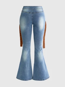 ROMWE Autumn/Winter Hippie Faux Suede Vintage Washed Stretch Denim Flare Jeans For Women - Medium Wash - View 2
