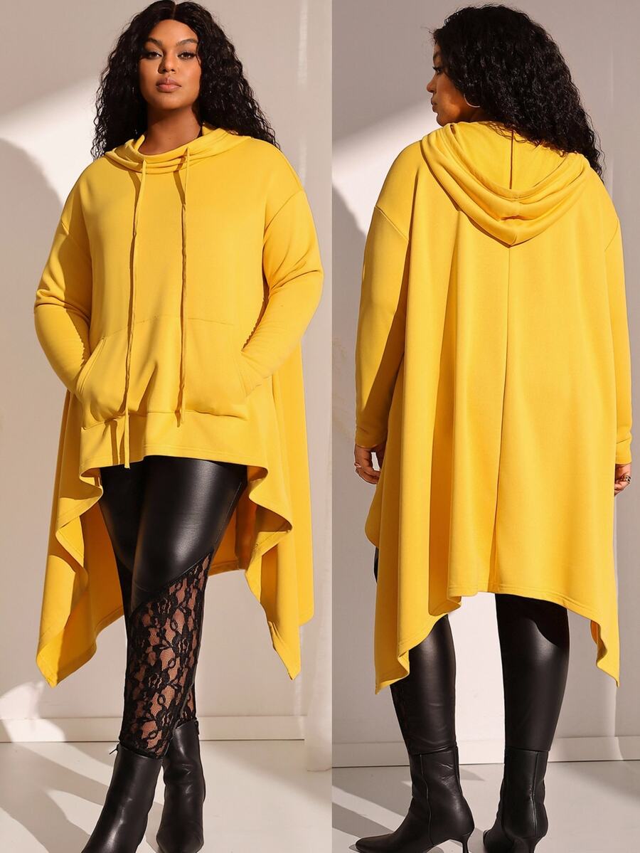 BrightlyHer Plus Size Solid Hooded Long Sleeve Drawstring Asymmetric Hem Sweatshirt With Pockets Autumn 2026 Formal Vacation Soft Yellow Black Casual - Yellow - View 1