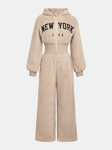 SHEIN Tween女孩卡其色毛絨加厚連身褲 刺繡字母休閒日常百搭街頭時尚酷感 - 卡其色 - 查看 6