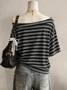 Lalippa Kaos Wanita Lengan Pendek Bergaris Model Bahu Terbuka Gaya Amerika Baru - MultiWarna - View 2