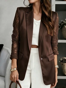 SHEIN PariChic Women's Lace Patchwork Blazer Jacket, Suitable For Autumn/Winter, Perfect For Commuting, Parties And Daily Wear - Brown - View 4