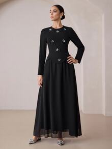 Graceveil Heavy Beaded & Rhinestone Embellished 2 In 1 Chiffon Full Skirt, Conservative Long Dress For Arab Women - Black - View 6