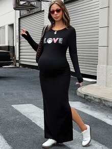 Lyckli Betty Boop x SHEIN Maternity Casual Letter Embossed Side Slit Dress, Autumn - Black - View 5