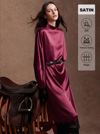 Zovinel Fashionable Women's Elegant Satin Lace Long Sleeve Casual Dress, Burgundy Dress, Elegant Outfit, Evening Dress, Party Outfit, Suitable For Holidays, Commuting, Outings, Dinner Parties