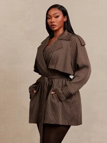 SHEIN SXY Jaket Lengan Panjang Bergaris dengan Kantong, Gaya Streetwear Ukuran Plus - Coklat - View 4