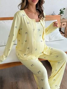 Dazy Maternity Setelan 3 Potong untuk Pakaian Rumah Kasual Sehari-hari dengan Motif Kupu-kupu (Kamisol Pas Badan, Kardigan Longgar, Celana Panjang Lurus), dan Setelan 2 Potong untuk Ibu Hamil/Musim Semi/Gugur - Kuning - View 5
