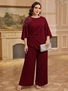 SHEIN Clasi 大尺碼女款水鑽百褶上衣與長褲休閒日常兩件套 - 酒紅色 - 查看 8