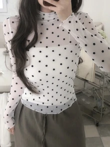 DAZY 女款透視蕾絲高領修身波點套頭T恤 秋季 - 白色 - 查看 2