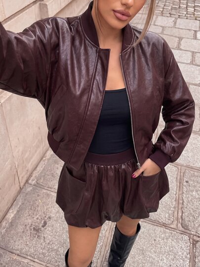 SHEIN 2026 Autumn/Winter New Women's Burgundy PU Leather 2 Pieces Set, Real Pocket Waist-Cinching Leather Jacket Baseball Jacket With Real Pocket Leather Mini Skirt, Back To School Season, Daily Wear, Fashion Street Style, Sexy Hot Girl, Casual Commute, Elegant Fashion Design, Spring/Autumn/Winter, College Style, Women's Leather Jacket Baseball Jacket, Women's Leather Skirt