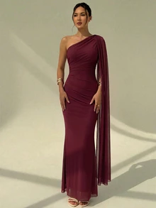 Aloruh One Shoulder Ruched Bust And Waist Romantic Elegant Drape Neck Fitted Mermaid Long Dress - Burgundy - View 8
