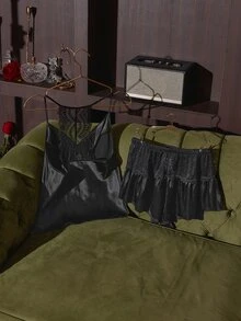 SilkySpell Black Cowl Neck Lace Patchwork Backless Camisole & Shorts Sexy Satin Sleepwear Set - Black - View 1
