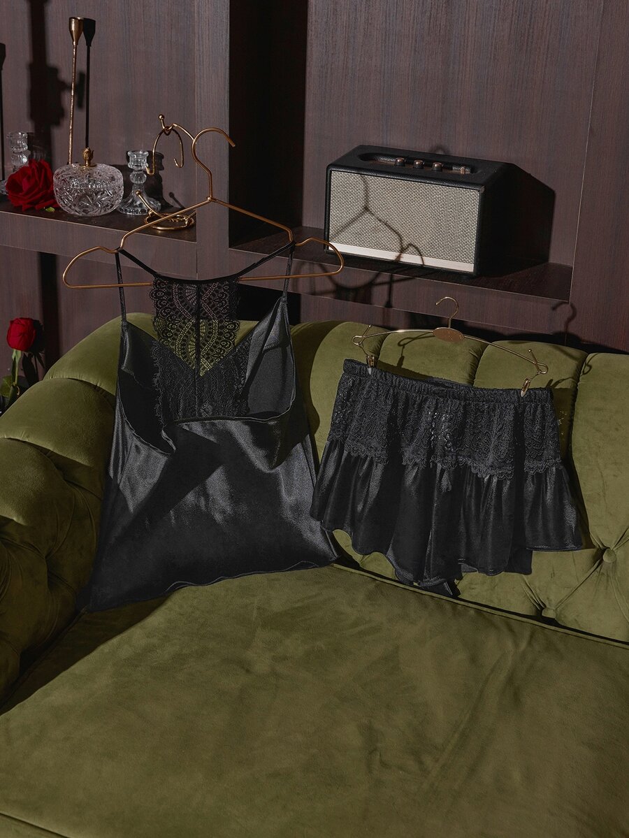 SilkySpell Black Cowl Neck Lace Patchwork Backless Camisole & Shorts Sexy Satin Sleepwear Set - Black - View 1