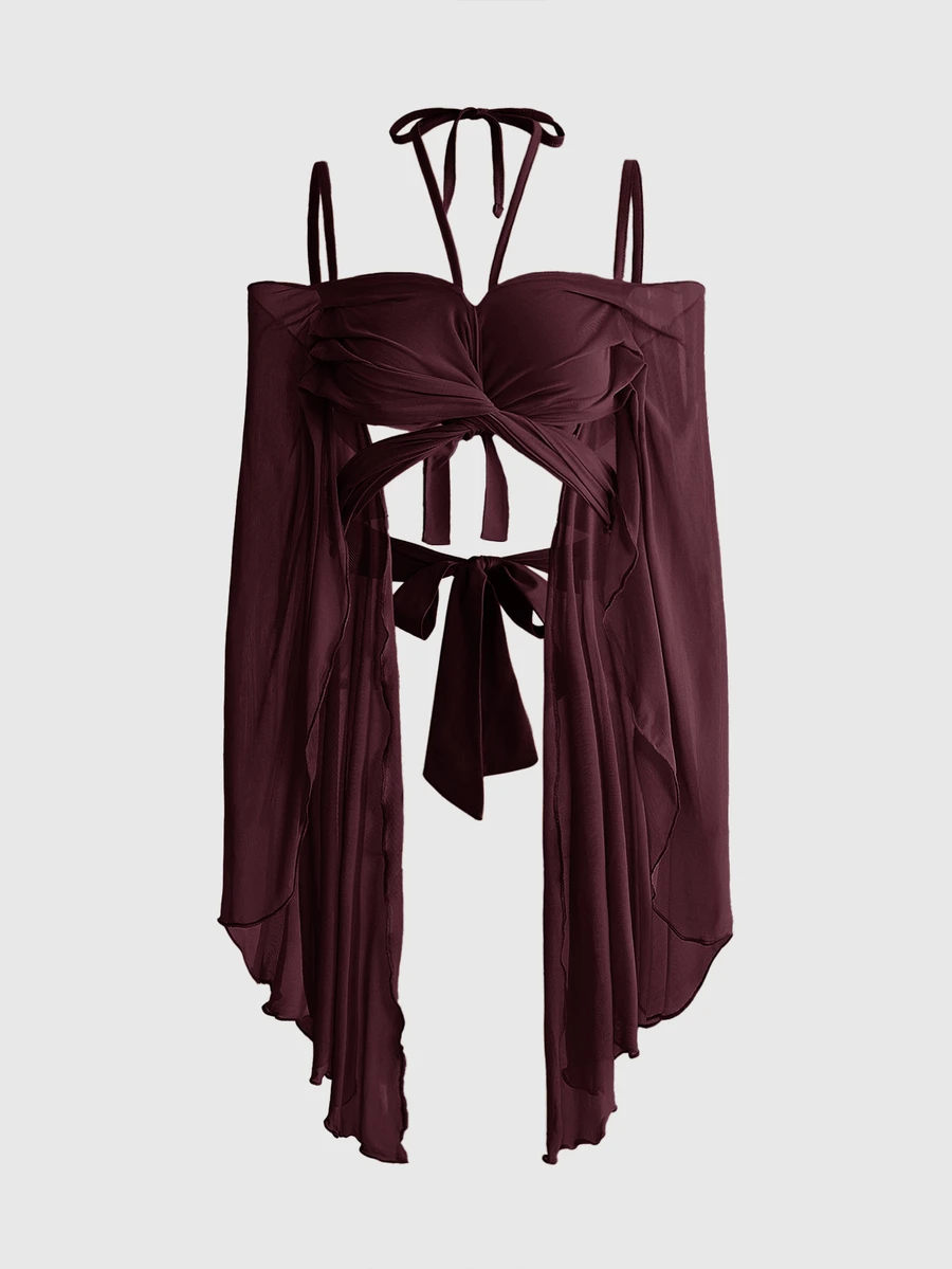 ROMWE Y2K Vacation Beach Goth Butterfly Shaped Patchwork Bell Sleeve Cropped Top - Red Violet - View 1