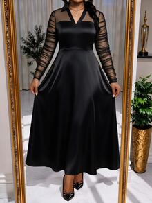 SHEIN Lady CURVE فستان أنيق للنساء بمقاسات كبيرة مع أكمام طويلة وياقة وشبكة متباينة - الأسود - مشاهدة 5