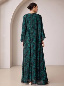 Graceveil Gaun Panjang Chiffon Bertekstur Bunga Hijau Tua dengan Hem Berlipit dan Berkerut, Leher Bulat, Lengan Mengembang Longgar, Gaya Elegan - MultiWarna - View 7