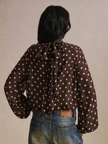 Poéselle Women's Polka Dot Pattern Stand Collar Lantern Sleeve Elegant Blouse - Brown - View 2