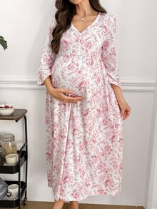 Moonlight&Mama Elegant lång gravidklänning/nattlinne med blommigt tryck, knappar och 3/4-ärm, hemmaessentiell - Multifärgad - Visa 4