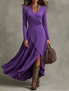 Trelyra Women's Fashion Overlap V-Neck Long Sleeve Elegant Dress - Purple - View 1