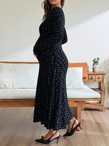 Dazy Maternity Ditsy Floral Fitted Elastic Square Neck Long Sleeve Casual Vacation Home Daily Spring Autumn Maternity Dress - Black - View 2